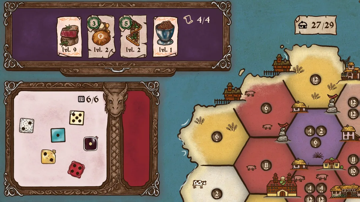 Feed the Scorchpot game screen showing Dice, Recipes and the hexagonal island